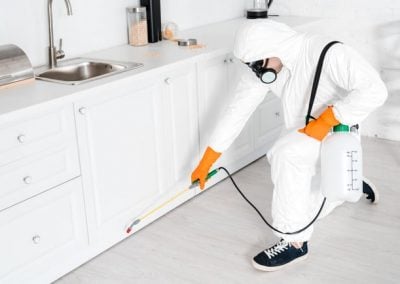 exterminator holding toxic equipment near kitchen cabinet